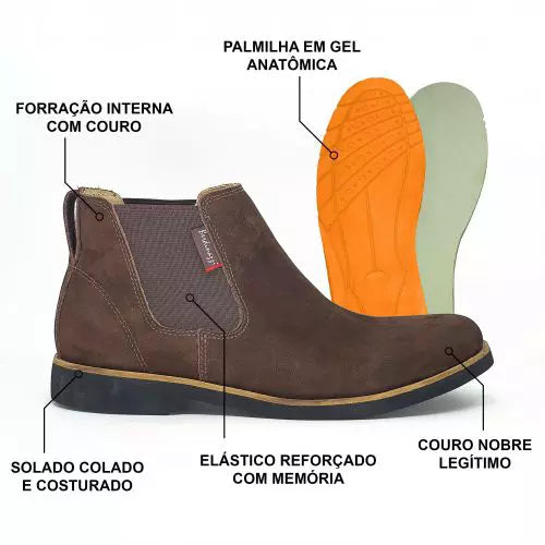 Bota Botina Masculina Chelsea Couro Nobuck Angus + Carteira Cinto Chapéu